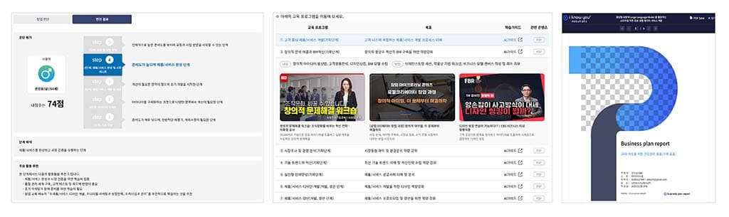 startup.iknowu 서비스 화면 - 창업 준비도 진단, 추천 교육 콘텐츠, 사업계획서 리포트